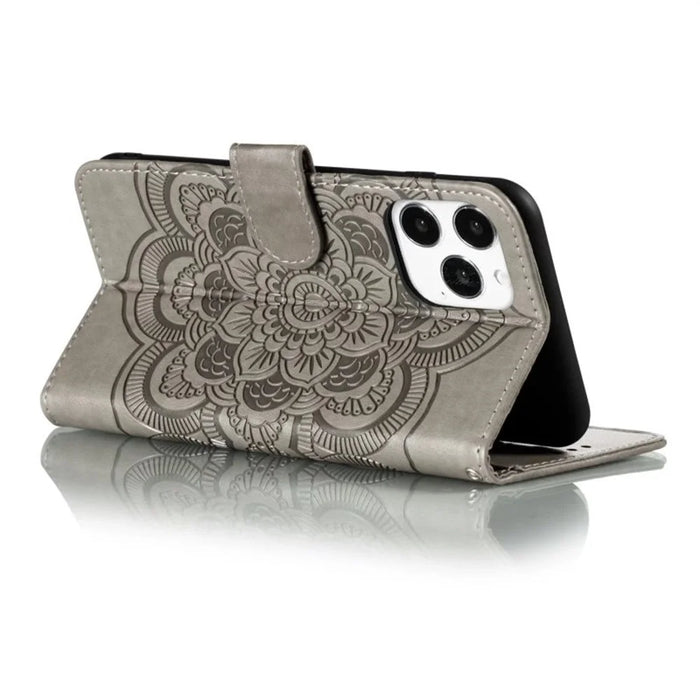 For iPhone 16 Pro Max Case PU Leather Mandala Imprinted Design Wallet Phone Cover - Grey - 4