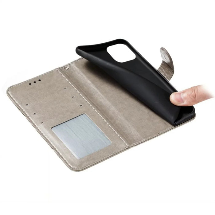 For iPhone 16 Pro Max Case PU Leather Mandala Imprinted Design Wallet Phone Cover - Grey - 5
