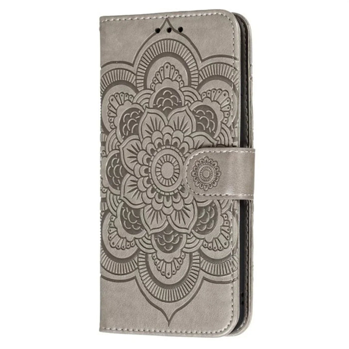 For iPhone 16 Pro Max Case PU Leather Mandala Imprinted Design Wallet Phone Cover - Grey - 6