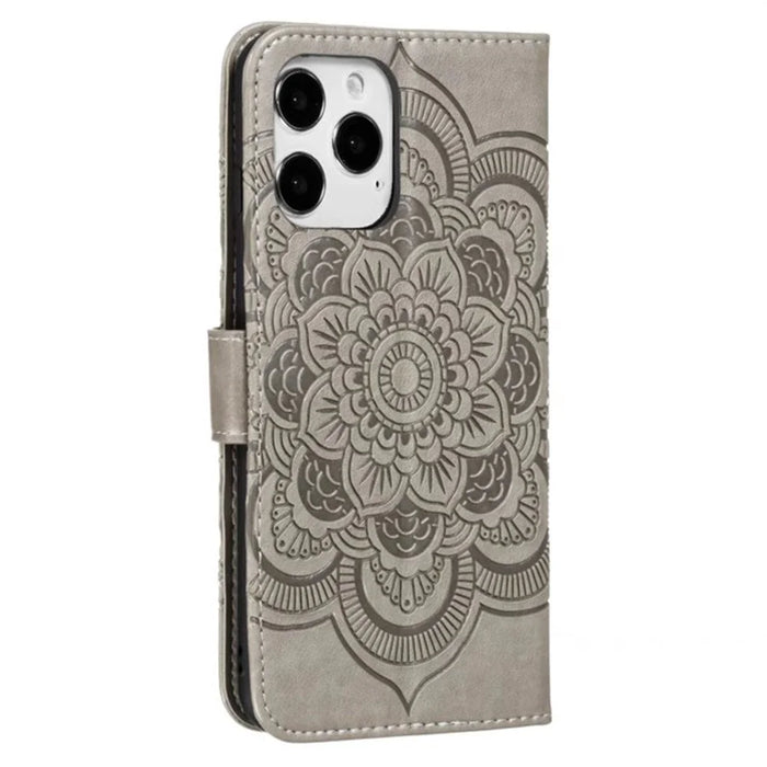 For iPhone 16 Pro Max Case PU Leather Mandala Imprinted Design Wallet Phone Cover - Grey - 7