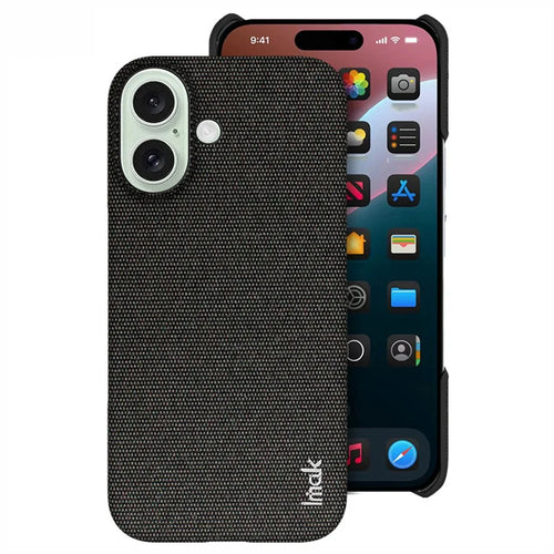 IMAK Ruiyi Series for iPhone 16 Case Fabric Texture Leather+PC Phone Back Cover - Black - 1