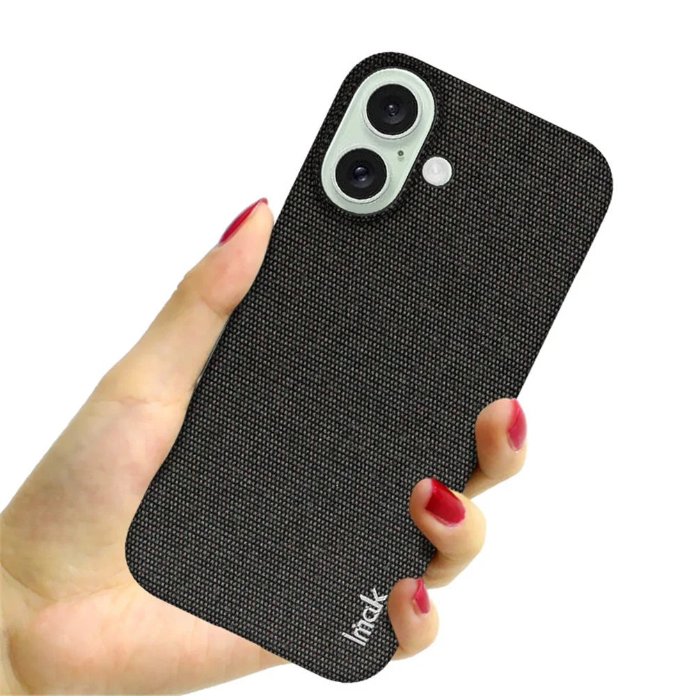 IMAK Ruiyi Series for iPhone 16 Case Fabric Texture Leather+PC Phone Back Cover - Black - 3