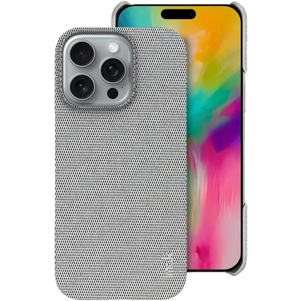 IMAK Ruiyi Series for iPhone 16 Pro Max Case Fabric Texture Leather+PC Phone Back Cover - Light Grey - 1