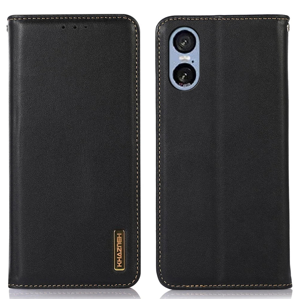 KHAZNEH For Sony Xperia 5 VI Case Genuine Cow Leather Wallet Phone Cover Nappa Texture - Black - 1
