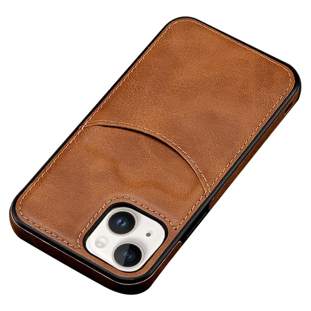 For iPhone 14 Cell Phone Cover Business Style Card Slot PU Leather+TPU Mobile Phone Case - Light Coffee - 1