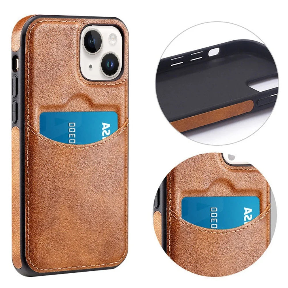 For iPhone 14 Cell Phone Cover Business Style Card Slot PU Leather+TPU Mobile Phone Case - Light Coffee - 2