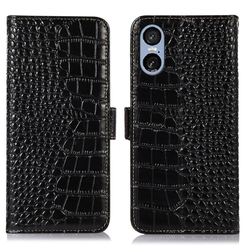 For Sony Xperia 5 VI Case Crocodile Texture Genuine Cow Leather Phone Wallet Cover - Black - 1