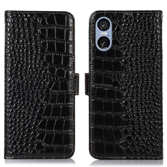 For Sony Xperia 5 VI Case Crocodile Texture Genuine Cow Leather Phone Wallet Cover - Black - 1