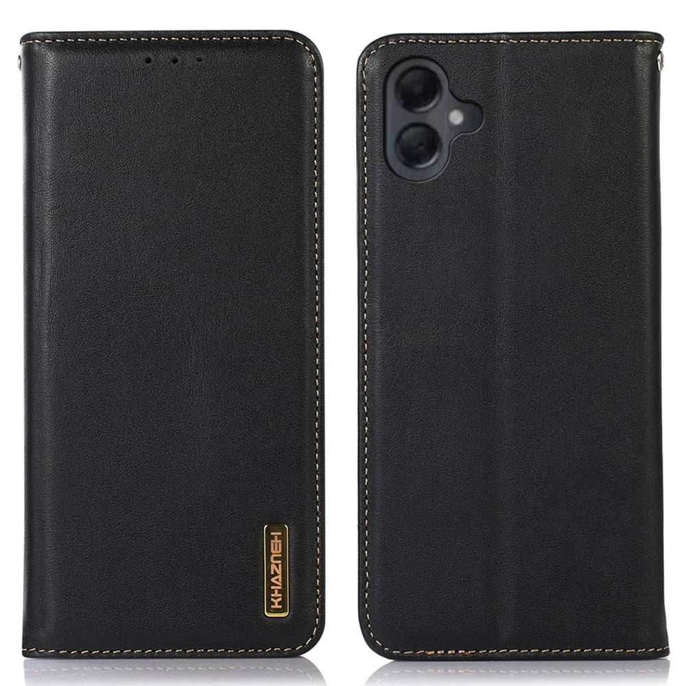 KHAZNEH For Samsung Galaxy A06 4G Case Genuine Cow Leather Wallet Phone Cover Nappa Texture - Black - 1
