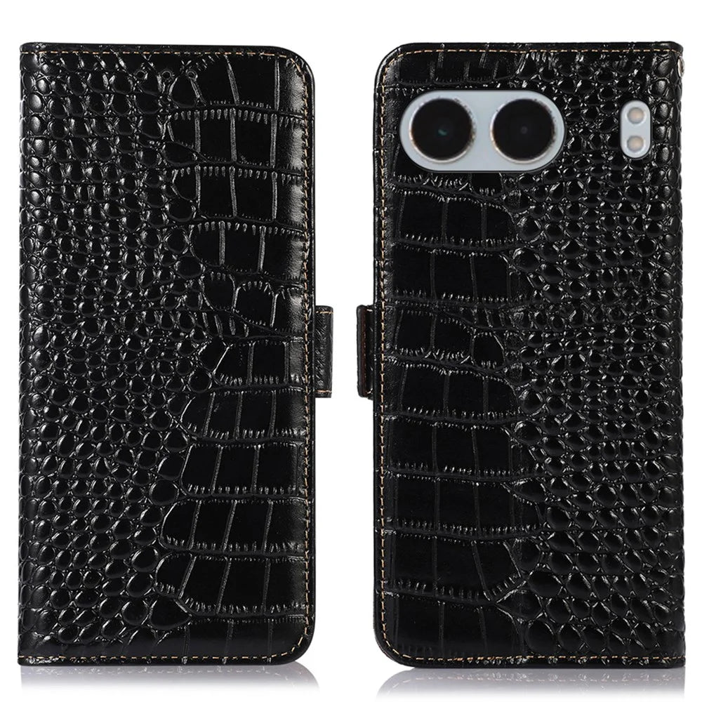 For OnePlus Nord 4 Case Crocodile Texture Genuine Cow Leather Phone Wallet Cover - Black - 1