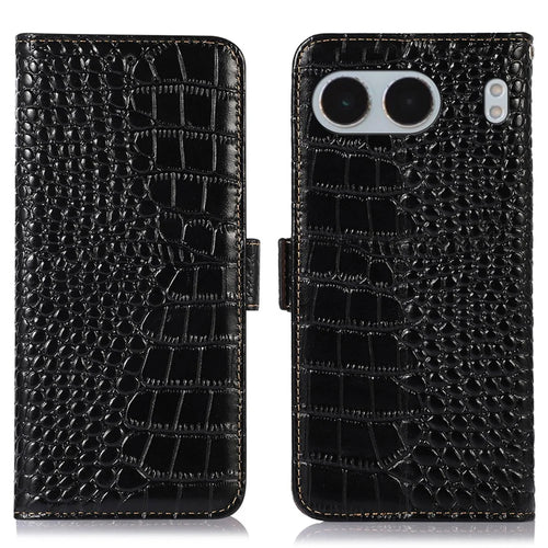 For OnePlus Nord 4 Case Crocodile Texture Genuine Cow Leather Phone Wallet Cover - Black - 1
