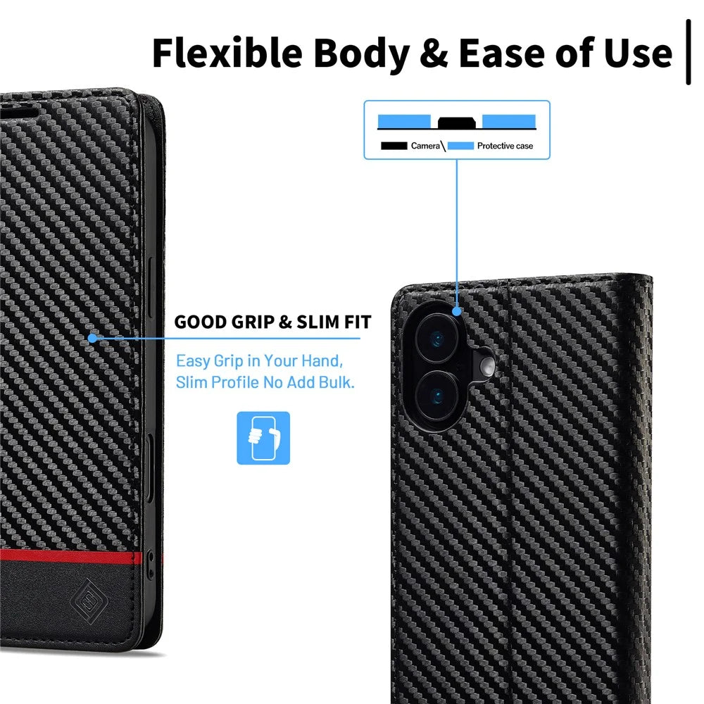 LC.IMEEKE For iPhone 16 Plus Case Carbon Fiber Texture Phone Cover Stand Card Holder - Horizontal Stripe - 6