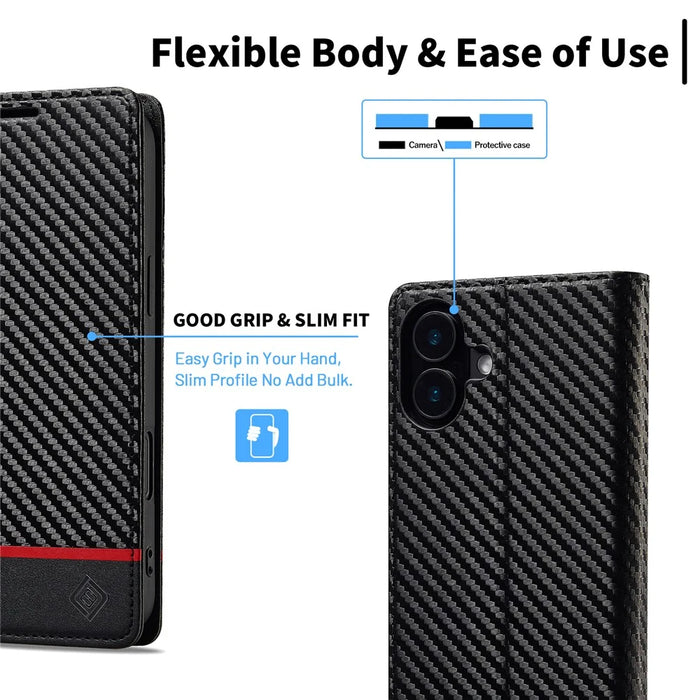 LC.IMEEKE For iPhone 16 Plus Case Carbon Fiber Texture Phone Cover Stand Card Holder - Horizontal Stripe - 6