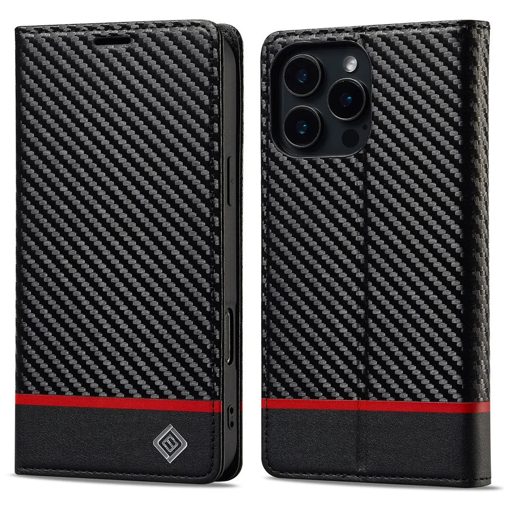 LC.IMEEKE For iPhone 16 Pro Case Carbon Fiber Texture Phone Cover Stand Card Holder - Horizontal Stripe - 1