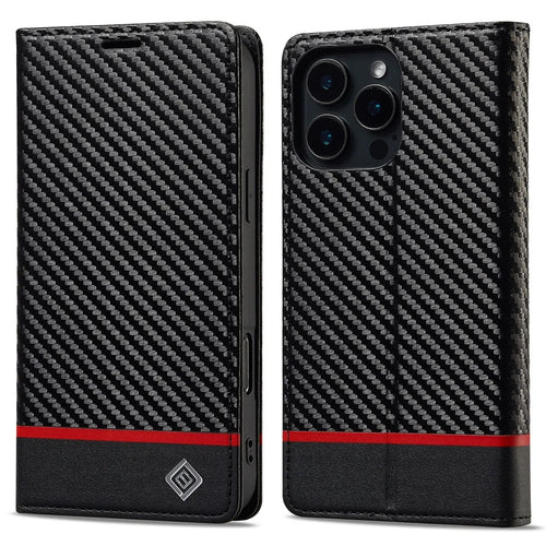 LC.IMEEKE For iPhone 16 Pro Case Carbon Fiber Texture Phone Cover Stand Card Holder - Horizontal Stripe - 1