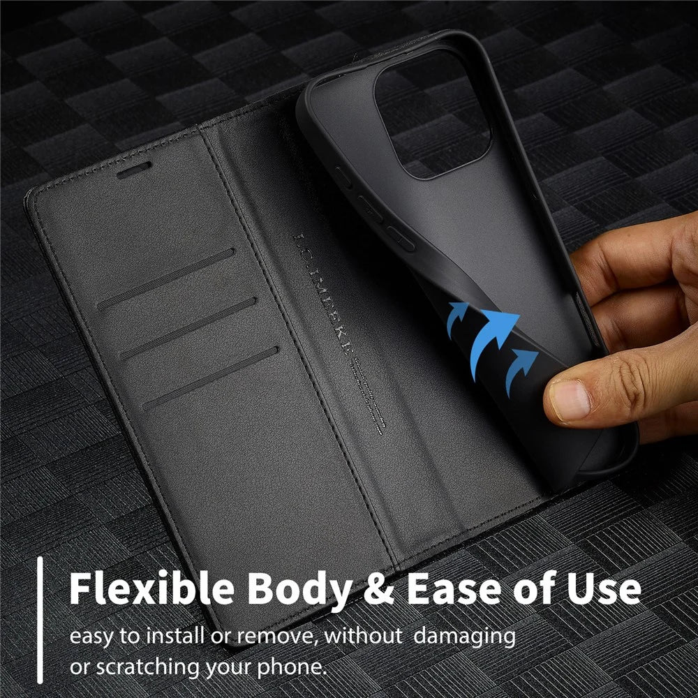LC.IMEEKE For iPhone 16 Pro Case Carbon Fiber Texture Phone Cover Stand Card Holder - Horizontal Stripe - 5