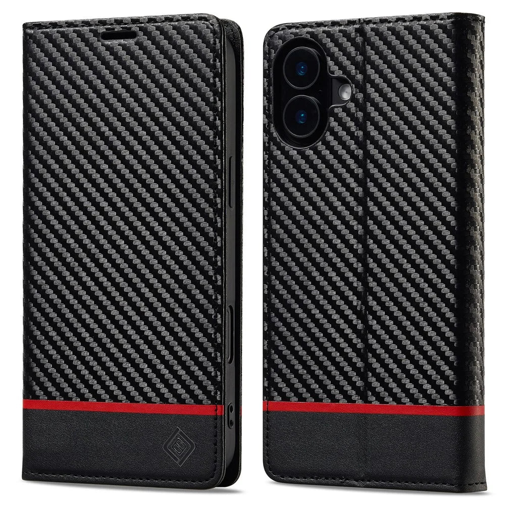 LC.IMEEKE For iPhone 16 Case Carbon Fiber Texture Phone Cover Stand Card Holder - Horizontal Stripe - 1