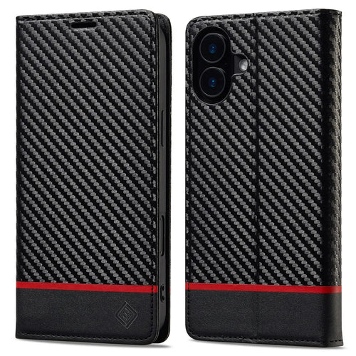 LC.IMEEKE For iPhone 16 Case Carbon Fiber Texture Phone Cover Stand Card Holder - Horizontal Stripe - 1