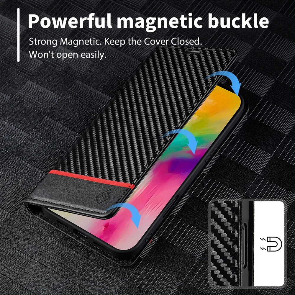 LC.IMEEKE For iPhone 16 Case Carbon Fiber Texture Phone Cover Stand Card Holder - Horizontal Stripe - 4