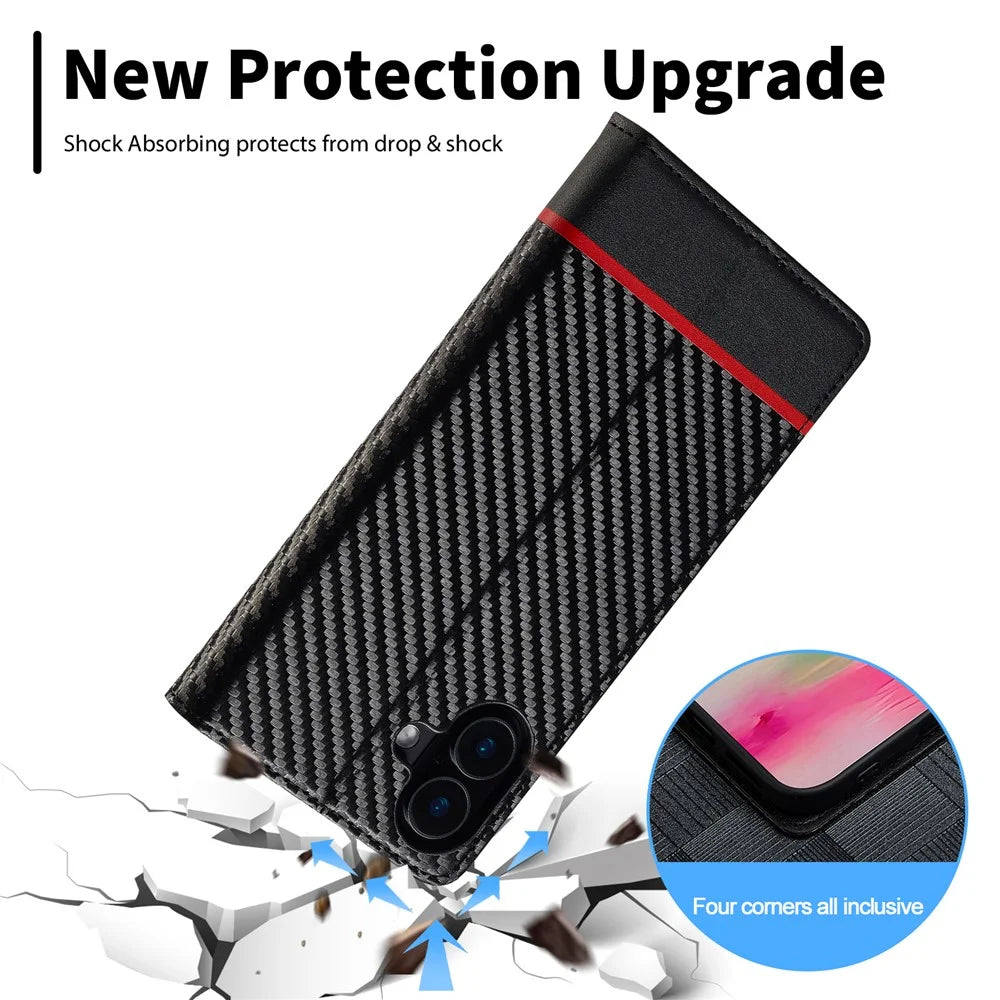 LC.IMEEKE For iPhone 16 Case Carbon Fiber Texture Phone Cover Stand Card Holder - Horizontal Stripe - 7