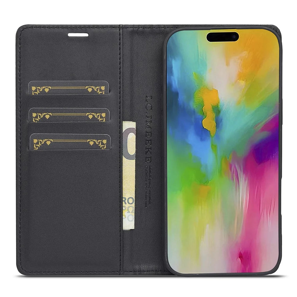 LC.IMEEKE For iPhone 16 Pro Max Case Carbon Fiber Texture Phone Cover Stand Card Holder - Horizontal Stripe - 2
