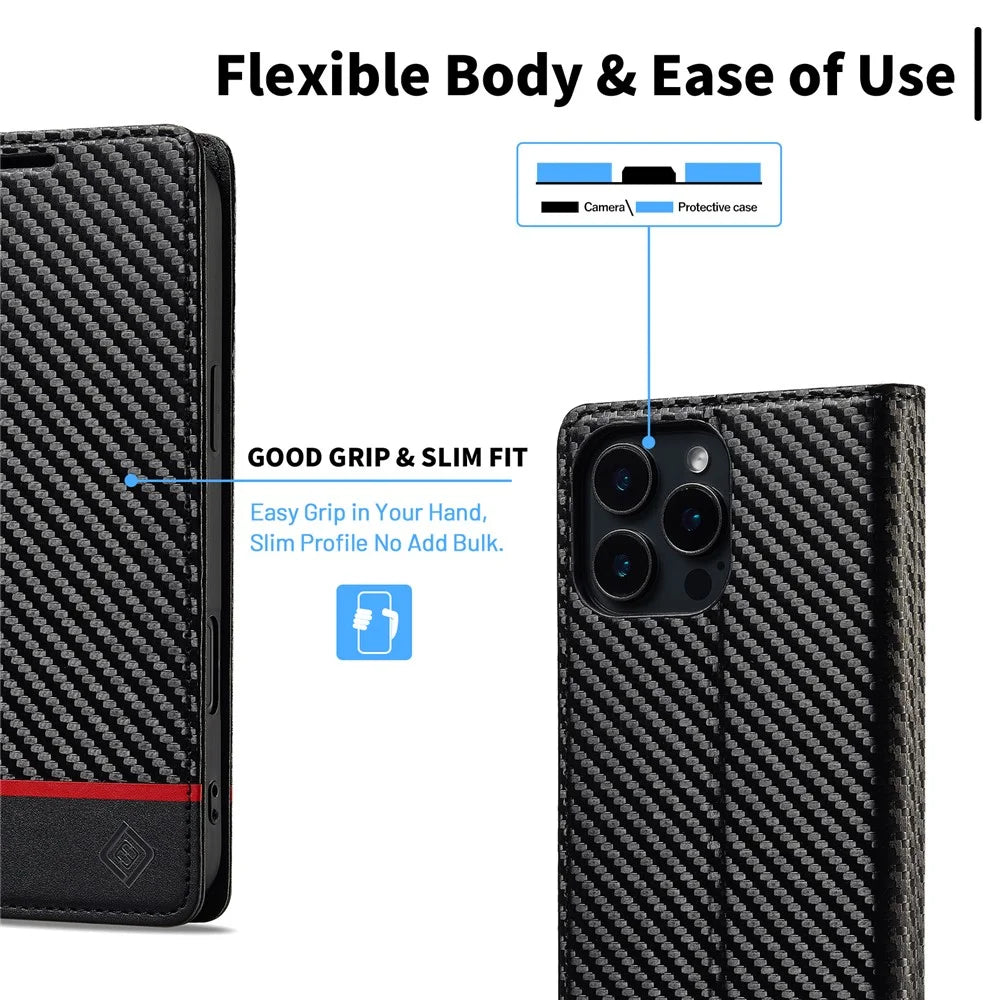 LC.IMEEKE For iPhone 16 Pro Max Case Carbon Fiber Texture Phone Cover Stand Card Holder - Horizontal Stripe - 6