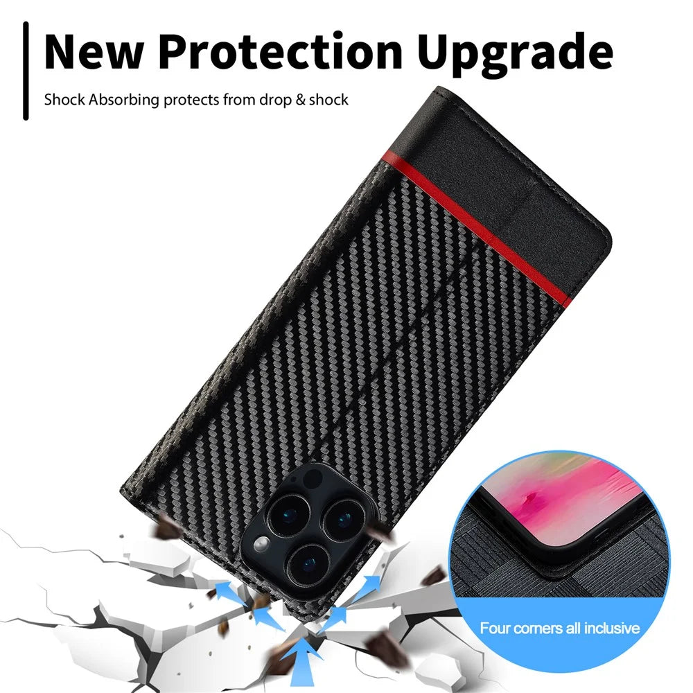 LC.IMEEKE For iPhone 16 Pro Max Case Carbon Fiber Texture Phone Cover Stand Card Holder - Horizontal Stripe - 7