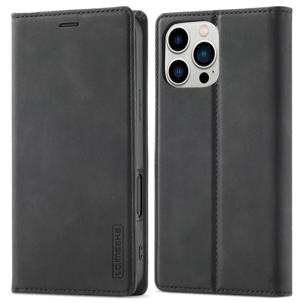 LC.IMEEKE For iPhone 16 Pro Max Case Wallet Microfiber Leather Phone Cover - Black - 1