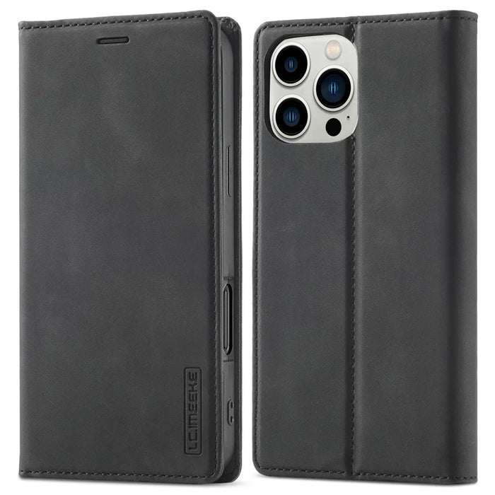 LC.IMEEKE For iPhone 16 Pro Max Case Wallet Microfiber Leather Phone Cover - Black - 1