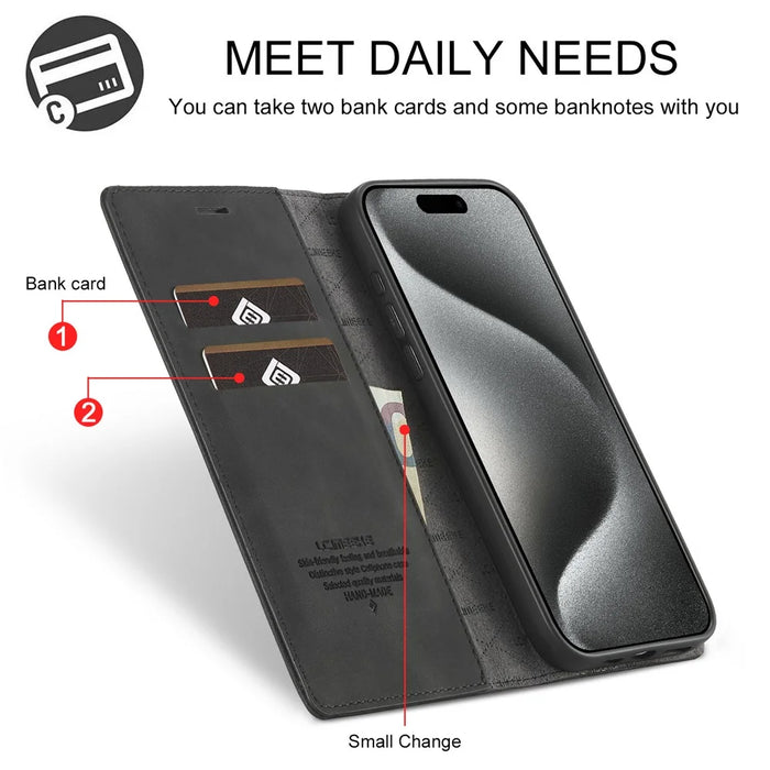 LC.IMEEKE For iPhone 16 Pro Max Case Wallet Microfiber Leather Phone Cover - Black - 3