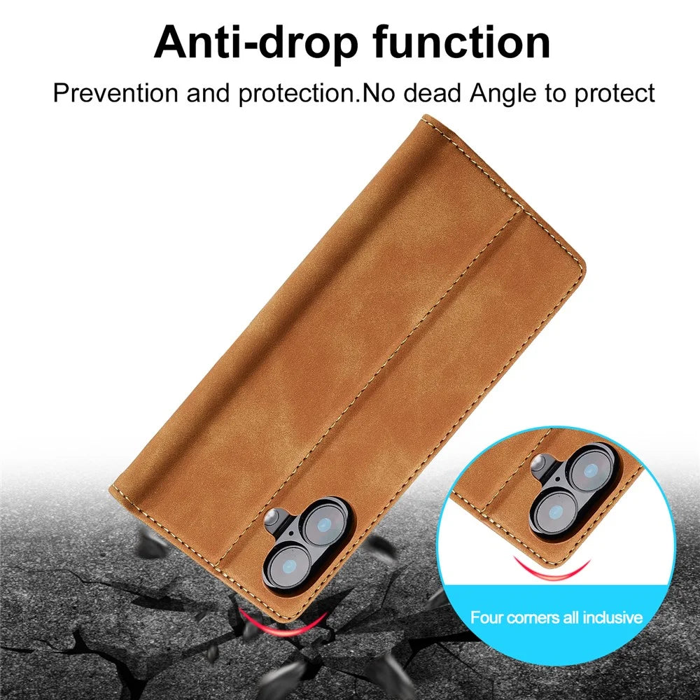 LC.IMEEKE For iPhone 16 Plus Case Wallet Microfiber Leather Phone Cover - Brown - 5