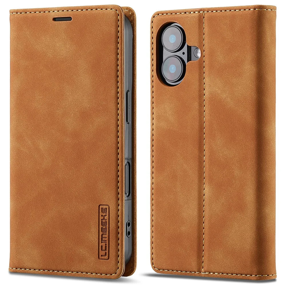 LC.IMEEKE For iPhone 16 Case Wallet Microfiber Leather Phone Cover - Brown - 1
