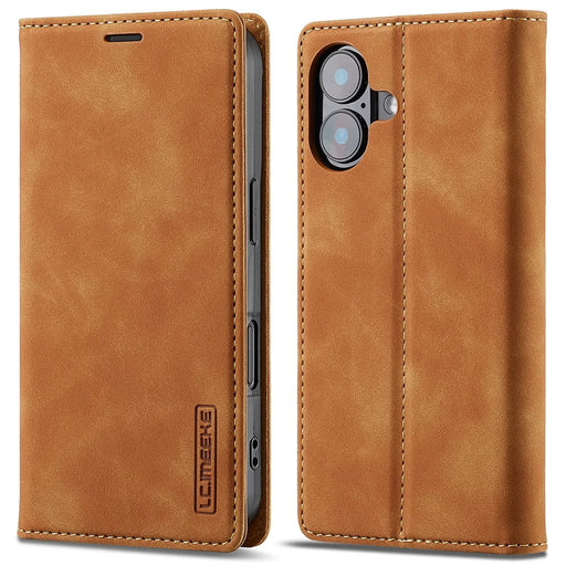 LC.IMEEKE For iPhone 16 Case Wallet Microfiber Leather Phone Cover - Brown - 1
