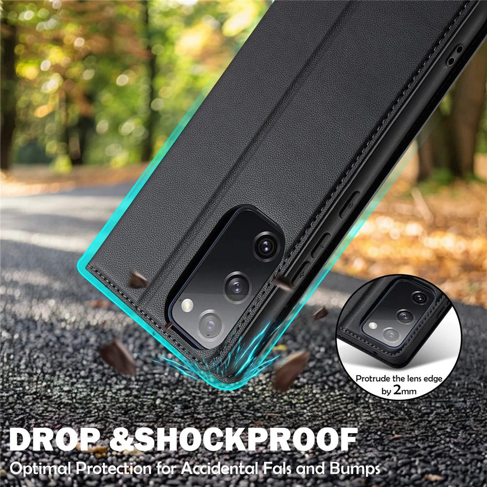 LC.IMEEKE L1 Series for Samsung Galaxy S20 FE 2022 / S20 FE 5G / S20 FE / S20 Lite Case Leather Wallet Stand Phone Cover - Black - 5