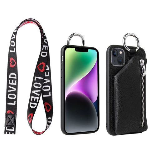 For iPhone 14 Detachable Wallet Anti-fall PU Leather Coated TPU Phone Case Zipper Pocket Protective Cover with Lanyard - Black - 1