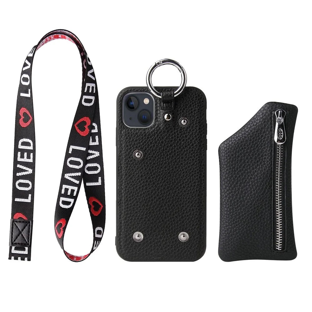 For iPhone 14 Detachable Wallet Anti-fall PU Leather Coated TPU Phone Case Zipper Pocket Protective Cover with Lanyard - Black - 3