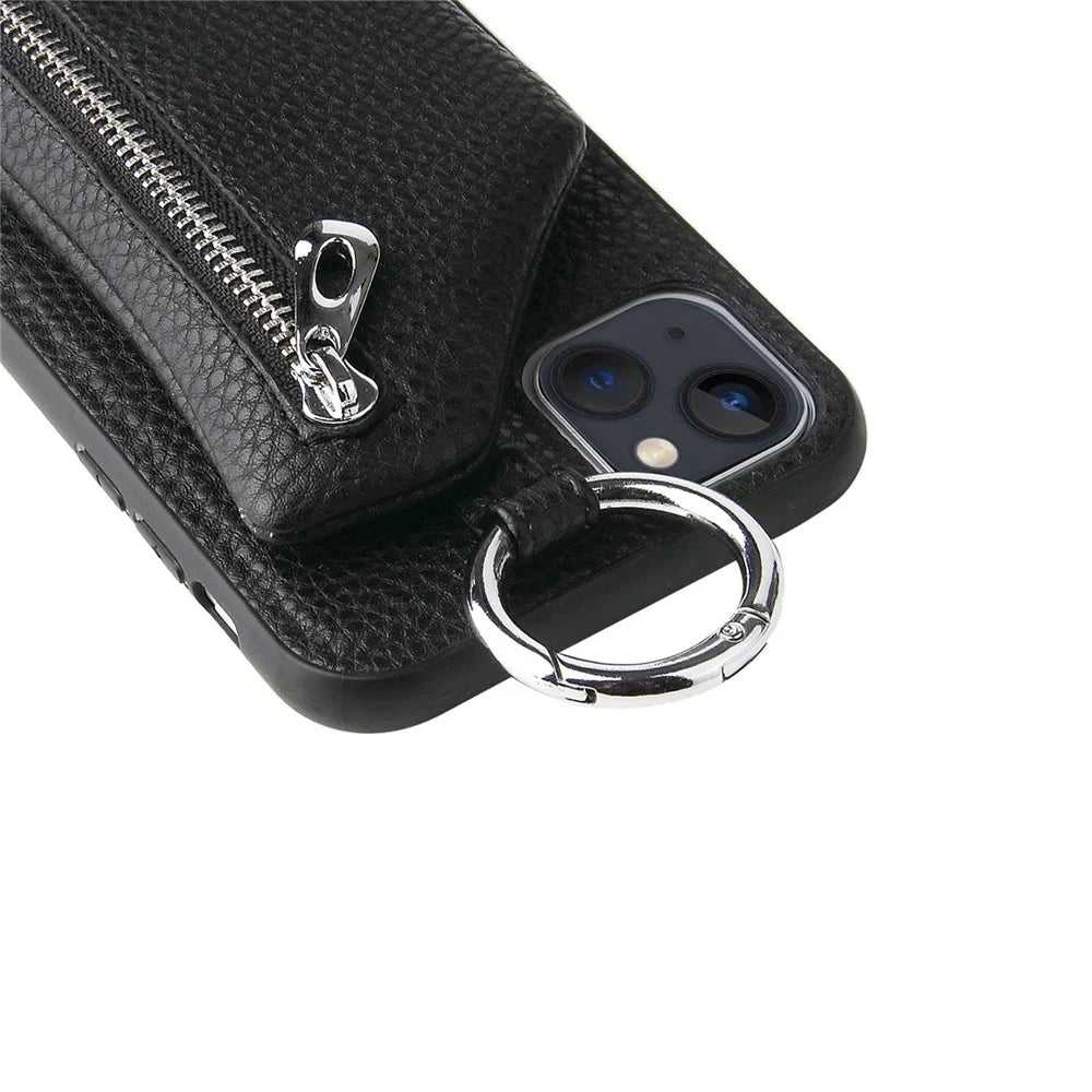 For iPhone 14 Detachable Wallet Anti-fall PU Leather Coated TPU Phone Case Zipper Pocket Protective Cover with Lanyard - Black - 4