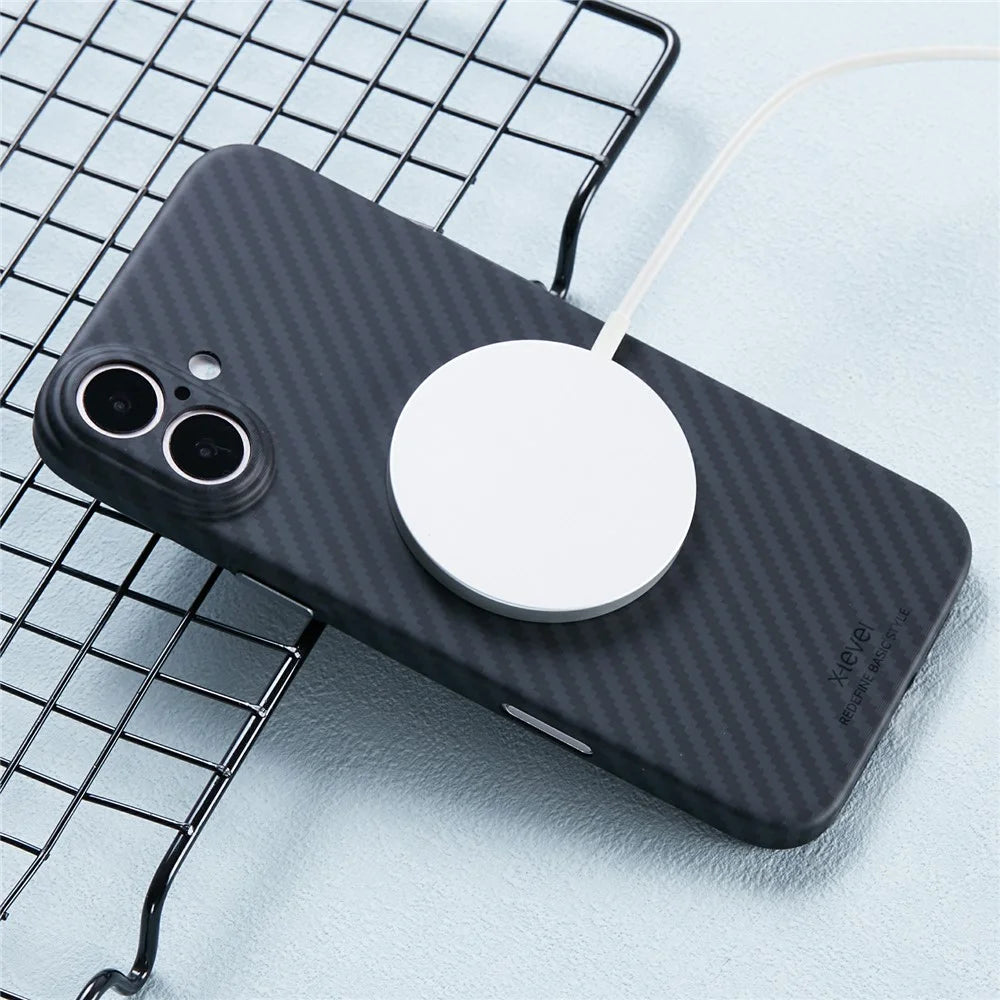 X-LEVEL For iPhone 16 Magnetic Case Ultra-Thin PC Hard Phone Cover Carbon Fiber Texture - Black - 3