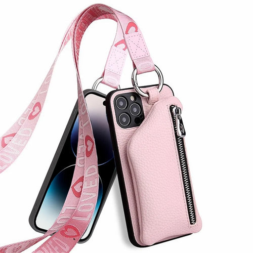 For iPhone 14 Pro Collision Resistant Detachable Wallet PU Leather Coated TPU Phone Case Zipper Pocket Protective Cover with Lanyard - Pink - 1