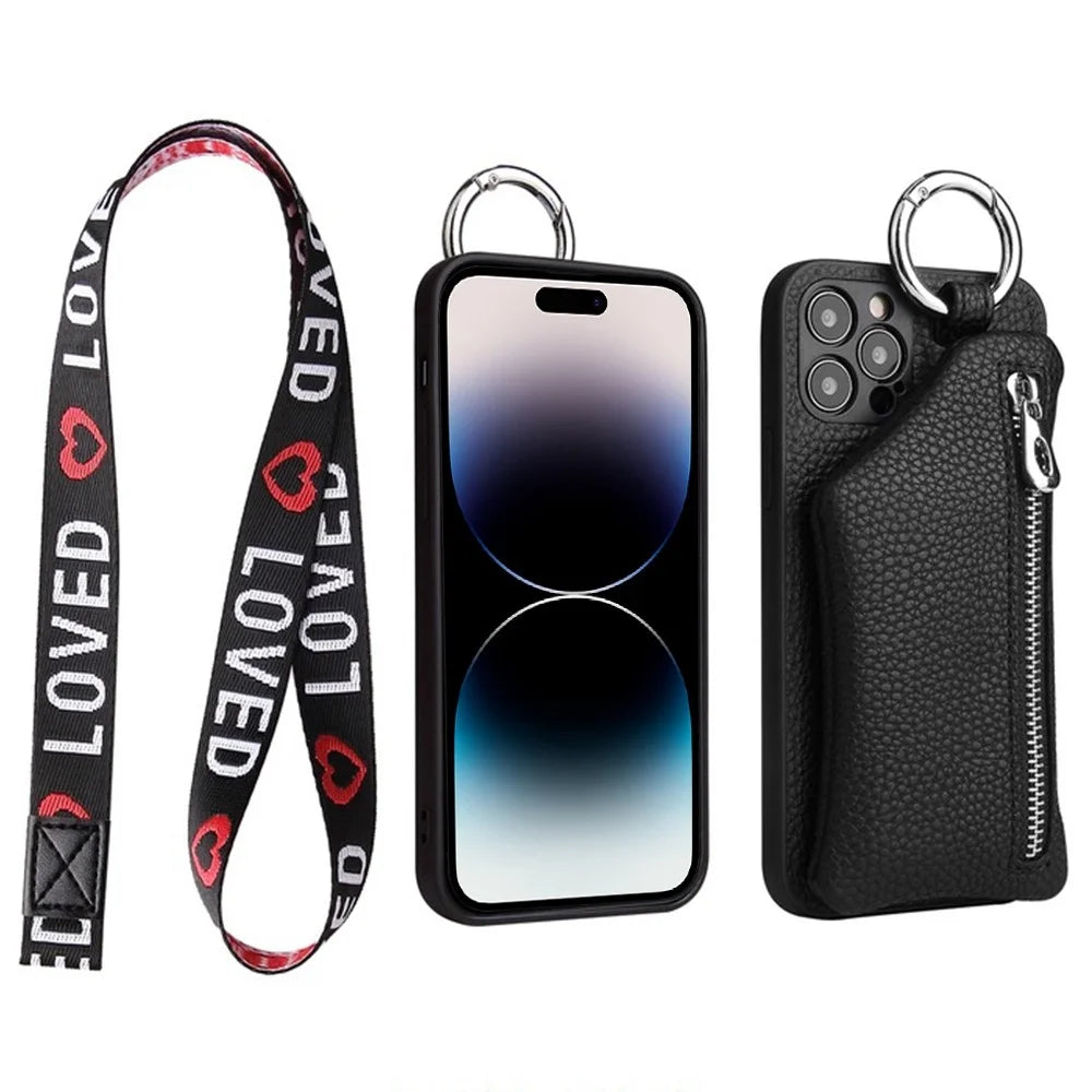 For iPhone 14 Pro Collision Resistant Detachable Wallet PU Leather Coated TPU Phone Case Zipper Pocket Protective Cover with Lanyard - Pink - 2