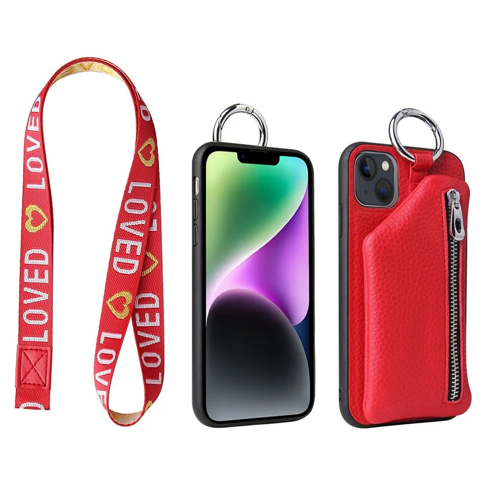 For iPhone 14 Plus Bump Proof Detachable Wallet PU Leather Coated TPU Phone Case Zipper Pocket Protective Cover with Lanyard - Red - 1