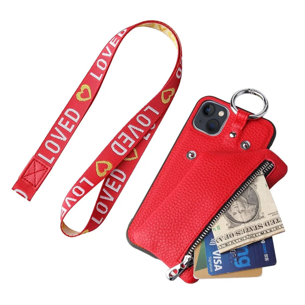 For iPhone 14 Plus Bump Proof Detachable Wallet PU Leather Coated TPU Phone Case Zipper Pocket Protective Cover with Lanyard - Red - 2