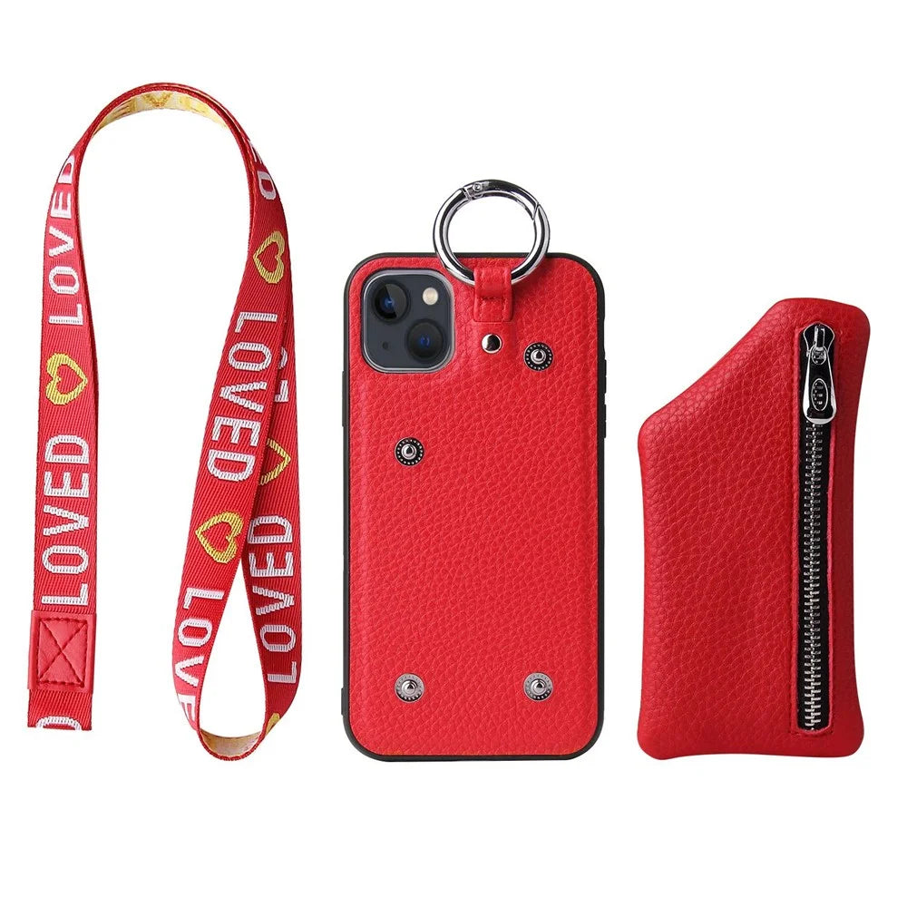 For iPhone 14 Plus Bump Proof Detachable Wallet PU Leather Coated TPU Phone Case Zipper Pocket Protective Cover with Lanyard - Red - 3