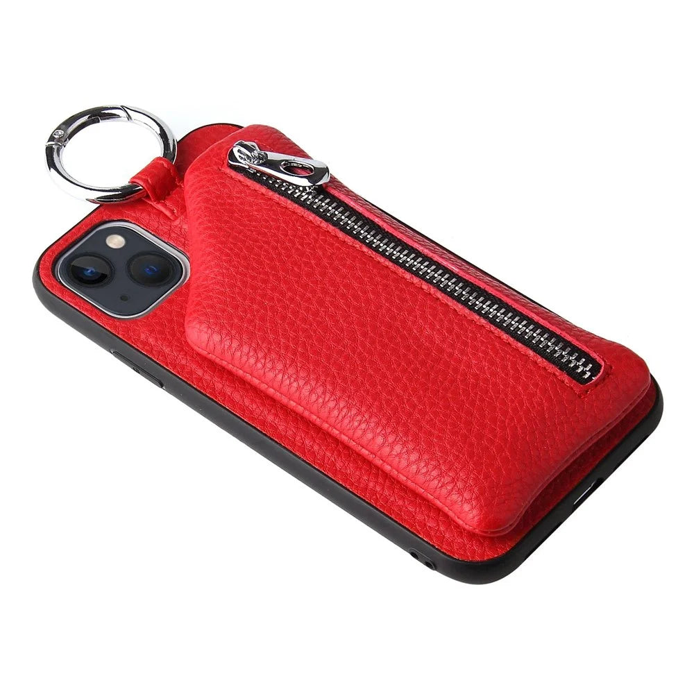 For iPhone 14 Plus Bump Proof Detachable Wallet PU Leather Coated TPU Phone Case Zipper Pocket Protective Cover with Lanyard - Red - 6