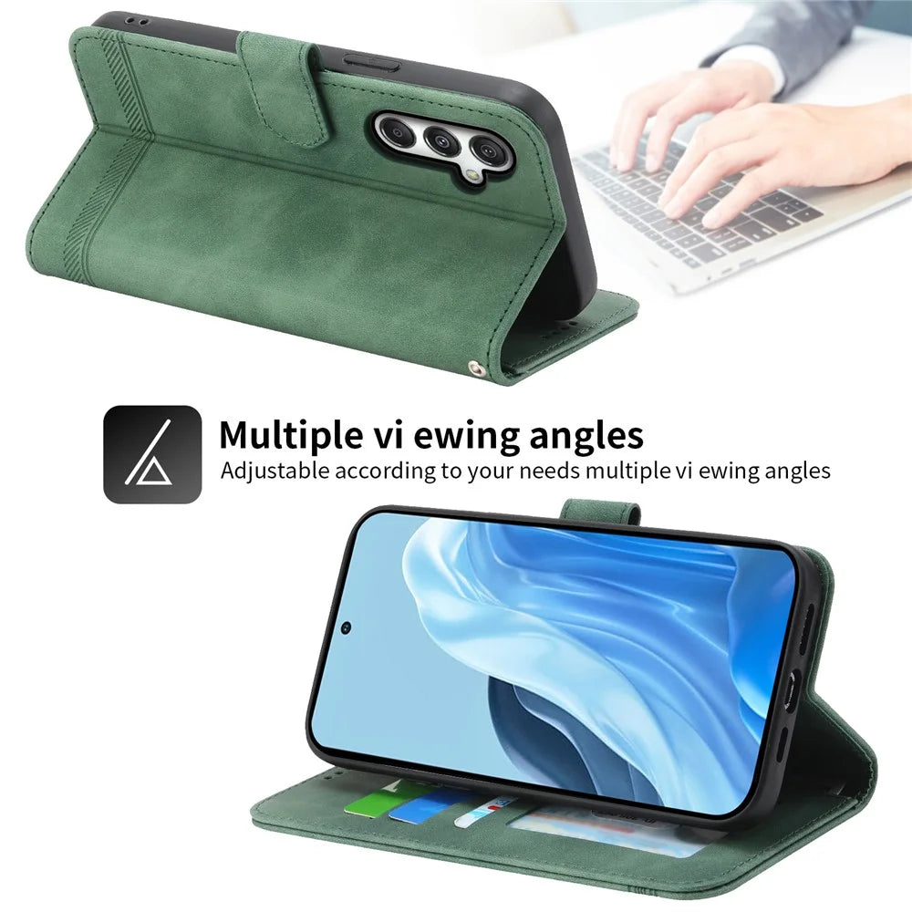 DIERFENG DF-03 For Samsung Galaxy M35 5G Leather Case Lines Imprint Wallet Phone Cover - Green - 3