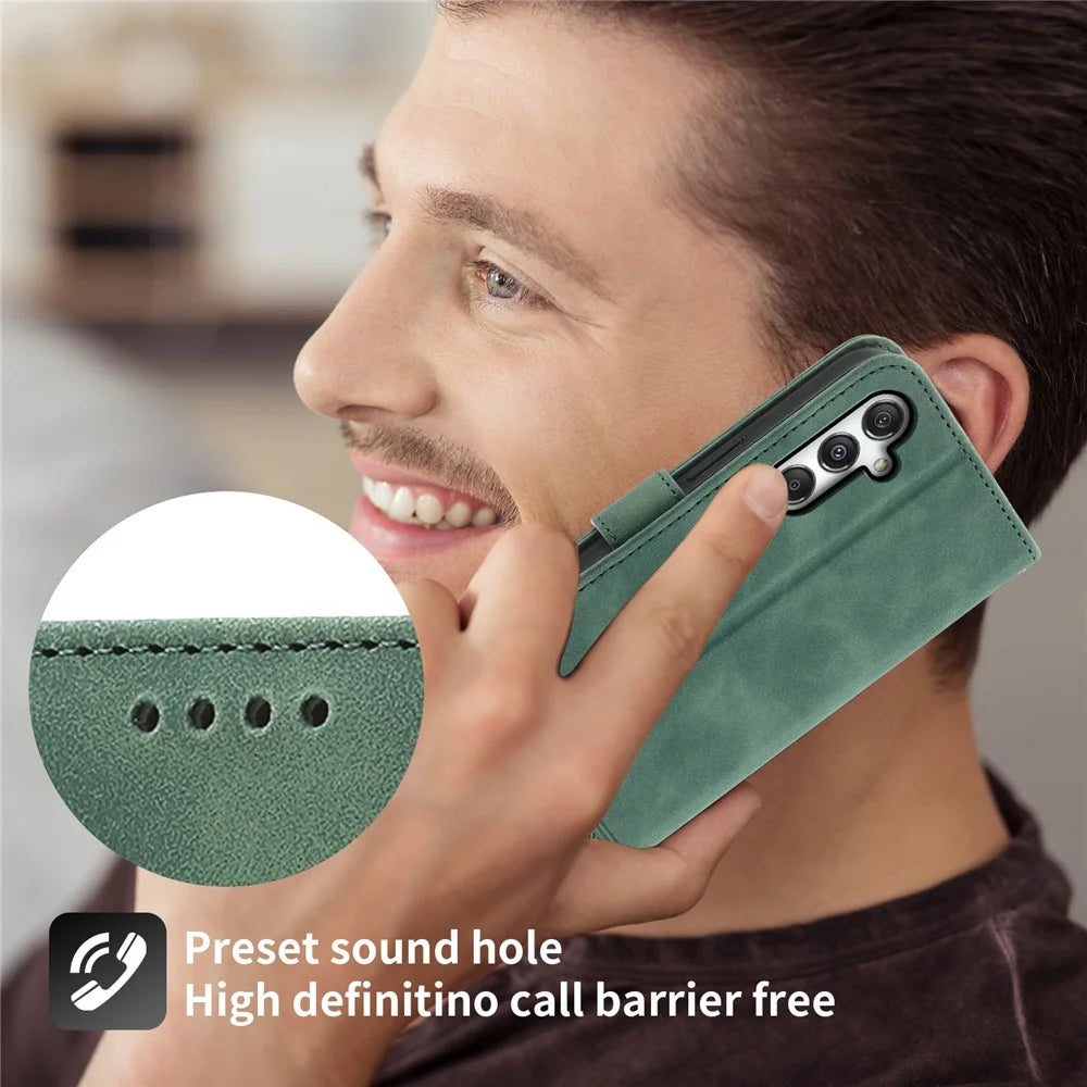DIERFENG DF-03 For Samsung Galaxy M35 5G Leather Case Lines Imprint Wallet Phone Cover - Green - 7