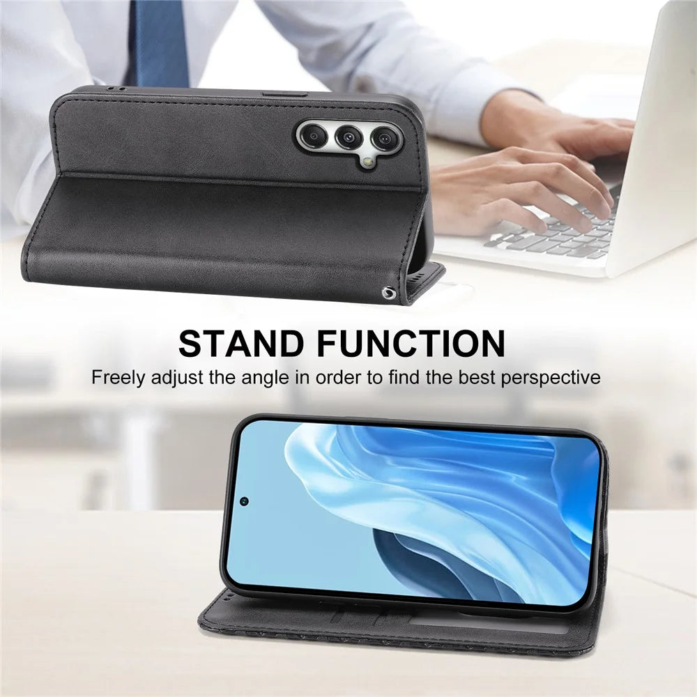 For Samsung Galaxy M35 5G Case Calf Texture PU Leather Phone Cover with Wallet - Black - 3