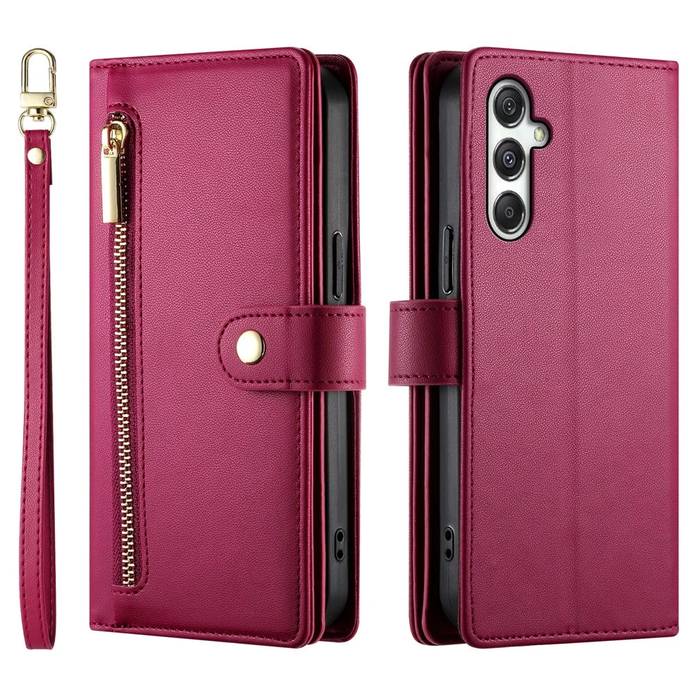 DF-011 For Samsung Galaxy M35 5G Case Zipper Pocket Wallet Leather Phone Cover with Straps - Red - 1