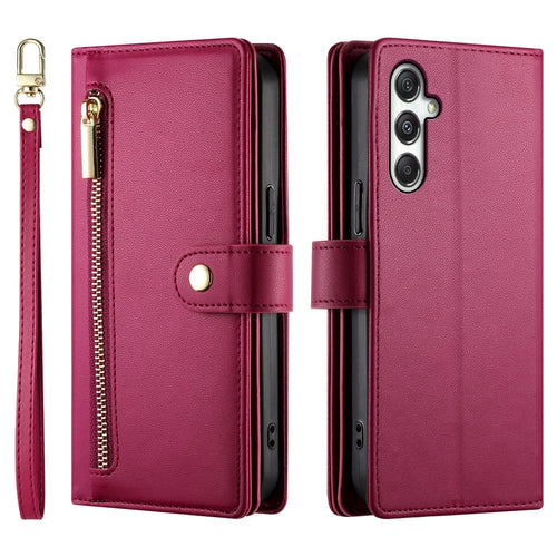 DF-011 For Samsung Galaxy M35 5G Case Zipper Pocket Wallet Leather Phone Cover with Straps - Red - 1