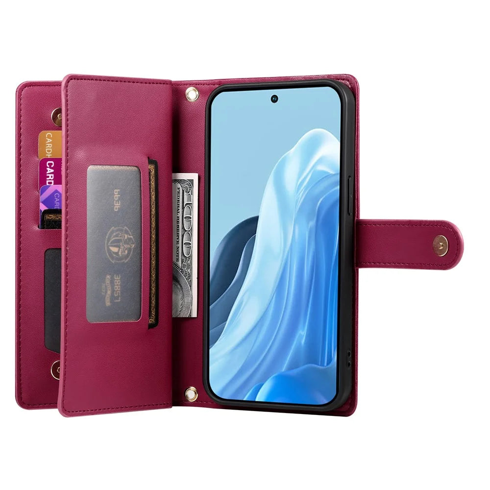 DF-011 For Samsung Galaxy M35 5G Case Zipper Pocket Wallet Leather Phone Cover with Straps - Red - 2
